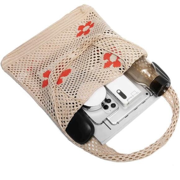 Women Crochet Beach Bag Tote: Small Knit Purse Summer Shoulder Bag for Vacation - Picture 4 of 7